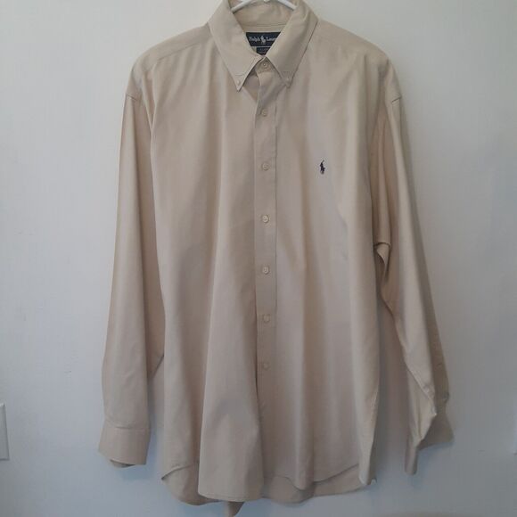 Ralph Lauren Adult Mens L Beige Blaire Long Sleeve Button Up Shirt 100% Cotton - Picture 1 of 11
